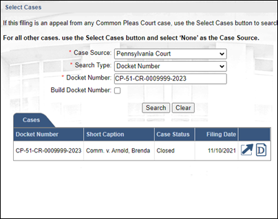 Searching for a Common Pleas non-Civil case in the Select Cases screen.